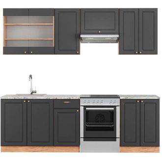 Vicco Mueble De Cocina Fame-line, Antracita Casa De Campo/roble Kraft Dorado, 240 Cm, Et M&aacute;rmol