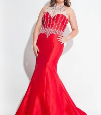 Rachel Allan Taffeta Halter Neck Beaded Mermaid Prom Gown In Red