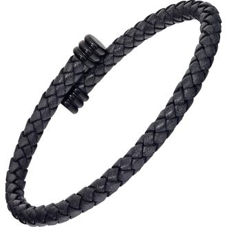 Link Up Flexible Braided Leather Bracelet With Stainless Steel End Caps in Dark Grey at Nordstrom