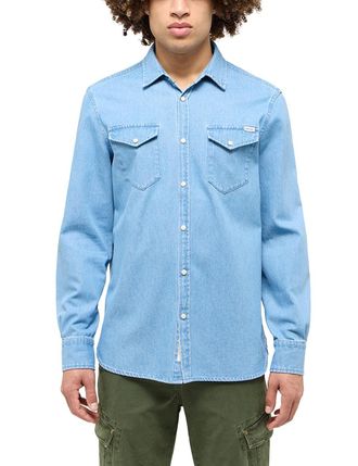 Mustang Langarmhemd MUSTANG Style Duver, Herren, Gr. XL, N-Gr, blau (super bleach), Web, Obermaterial: 100% Baumwolle, regular fit h&uuml;ftbedeckend, Rundhals, He