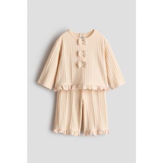 H&M 2-piece Knitted Bow-detail Set in Light Beige at Nordstrom, Size 12M