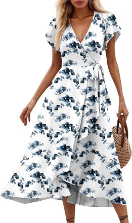 Generic Women Summer Wrap Maxi Dresses Casual Split Flared Sleeve V-Neck Floral Dress Tie Waist Flowy Ruffle Beach Vacation Sundress,Vintage Tea Dress Black L