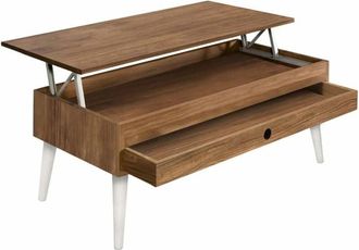 HOGAR 24 Hogar24 - Alice Mesa Centro Elevable Madera Maciza con Cajón Deslizante Encerado y Blanco