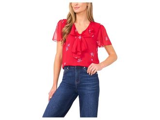 CeCe by Cynthia Steffe Short Sleeve Ruffle Tie Neck Top Womens Clothing Stoplight Red : SM, Polyester