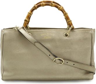 Gucci Champagne Gold Leather Bamboo Handbag Shoulder Bag Tote Bag (Pre-Owned)