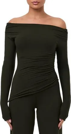 Naked Wardrobe Off the Shoulder Ruched Top in Olive at Nordstrom Rack, Size X-Small