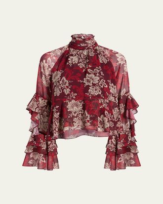 Cinq &agrave; Sept Gilded Paisley Tiered Ruffle-Sleeve Blouse