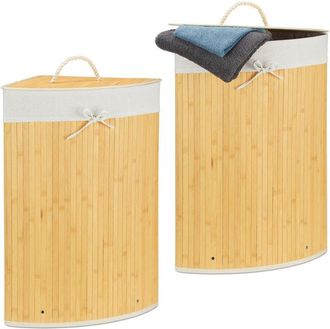 Relaxdays Relaxdays 2x Corner Laundry Baskets Bamboo, Foldable Bin 60 L, Space-saving, Cotton Bag, HxWxD: 65 x 49.5 x 37 cm, Creme