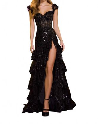 Sherri Hill Cap Sleeve Ruffle Skirt Dress In Black