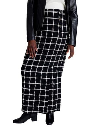 Jessica London Side-Button Wool Skirt in Black Ivory Windowpane at Nordstrom, Size 26