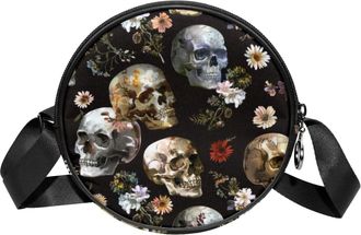 Generic Circle Crossbody Bag for Women, Skulls Flowers Small Sling Bag Daypack with Zipper Adjustable Shoulder Straps Casual Ladies Girls Round Purse