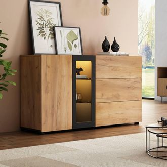 Matteo Modern LED Sideboard - Glass Display & 3 Drawers - Black & Brown