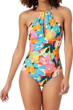 Anne Cole High Neck Ruffle Straps One-Piece Swimsuit In Plumeria