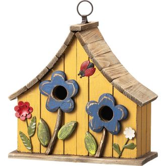 Glitzhome Distressed Solid Wood Birdhouse with 3D Flowers in Yellow at Nordstrom, Size Medium