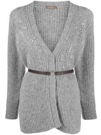 PESERICO sequin-embellished belted cardigan - Grey