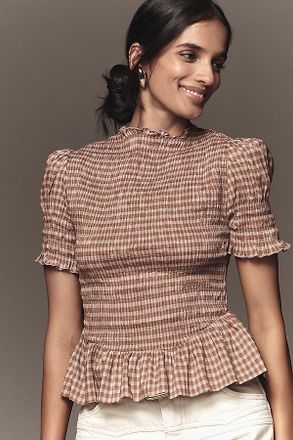 Reformation Aggie Puff-Sleeve Smocked Peplum Top