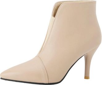 Generic Women Elegant Stiletto Heel Ankle Boots with Pointed Toe, Slip-on Style for Work and Leisure,Beige,5.5 UK