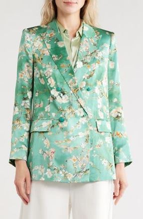 L'agence Taryn Floral Double Breasted Silk Blazer in Teal Watercolor Cherry Blossom at Nordstrom Rack, Size 00