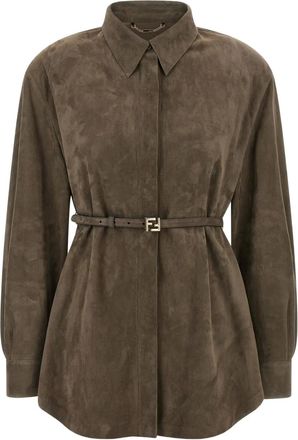 Fendi logo-belt suede shirt - Grey