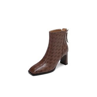 TinaCus Embossed Genuine Leather Womens Square Toe Handmade Block Heels Zip Up Ankle Boots, Chocolate, 2 UK