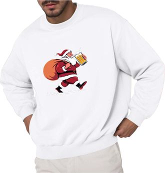 Generic sweatshirt for men uk Christmas Drinking Beer Santa Print Top Fleece Round Neck Long Sleeve Sweatshirt Xmas Crew Neck Pullover Tops for Men (AB-White,