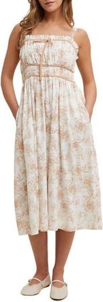 Wishlist Floral Ruched Midi Dress in Taupe/White at Nordstrom Rack, Size Medium
