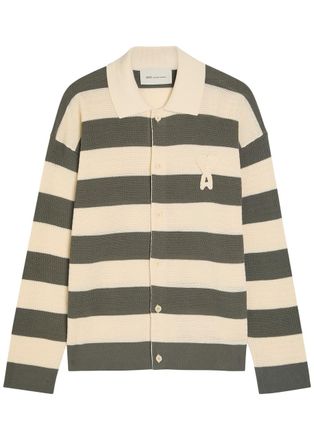 Ami Ami Paris Logo-appliqu&eacute;d Striped Fine-knit Cotton Shirt - White - XL
