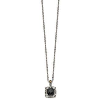 Diamond2Deal Sterling Silver with 14K Accent Checkerboard-cut Black Onyx Pendant Necklace