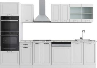 Vicco Mueble De Cocina R-line, Casa De Campo Blanca/blanca, 300 Cm Con Armario Alto, Et M&aacute;rmol