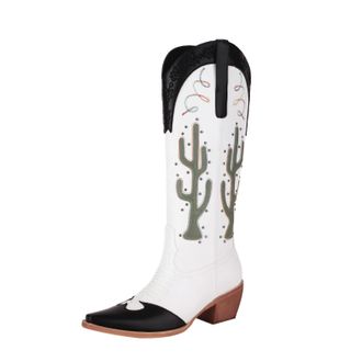 Generic Womens Knee-High Western Cowboy Boots Two-Tone PU Leather Cactus Appliqu&eacute; Metal Stud Detail Pointed Toe Low Block Heels Comfortable Non-Slip Durable,B
