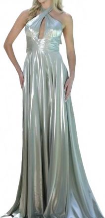 Colors Dress Metallic Halter Keyhole Evening Gown In Sage
