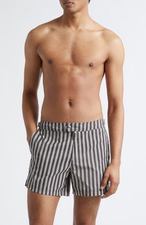 Tom Ford Geometric Print Compact Swim Trunks in White/Black at Nordstrom, Size 34 Us
