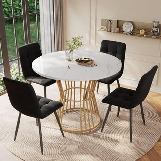 Merax Marble Effect Round Dining Table & 4 Velvet Chairs Set in Black