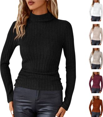 Generic Womens Jumpers Autumn Winter Turtleneck Solid Brushed Striped Womens Sweaters Casual Elegant Long Sleeve Tops Women Soft Comfy Slim Fit Warm Classic F