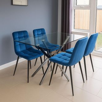 Kosy Koala Modern Rectangle Glass Dining Table Set With 4 Blue Velvet Chairs Dining Room Furniture in Brown