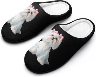 Generic Long Haired Shih Tzu Fashion Cotton Slippers for Women Memory Foam House Slippers Non-Slip House Bedroom Shoes