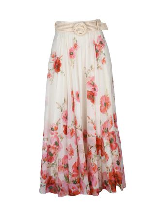 Zimmermann Gauzed Midi Skirt With Raffia Belt And Floral Print