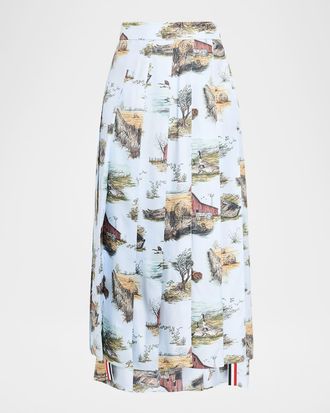 Thom Browne Scenic Toile Silk Twill Pleated Midi Skirt