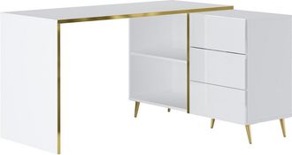 Vente-Unique Escritorio de esquina con cajones y estantes - Blanco brillante y dorado - MARZIALO