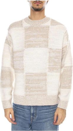 Obey Gehaakte trui met grote ruittextuur. - Heren - Ronde hals truien - Grijs - XL - Wol - Truien & Vesten
