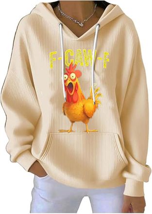 Generic Womens Retro Funny F-Caw-F Chicken Printed Casual Hoodie Humor Quote V-neck Hoodie (UK, Alpha, XL, Regular, Regular, E)