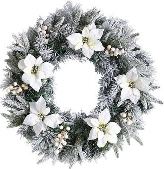 Nearly Natural 24in. Flocked Poinsettia And Pine Artificial Christmas Wreath With 50 Warm White LED Lights