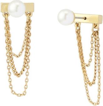 AllSaints Faux Pearl Swag Chain Front/Back Earrings in Pearl/Vintage Gold at Nordstrom