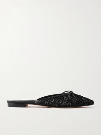 Manolo Blahnik Ballerine In Pizzo Con Finiture In Pelle E Fiocco Ballerimu - Nero