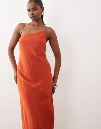 Asos Vestito lungo con spalline sottili in raso ibrido color terracotta-Blu
