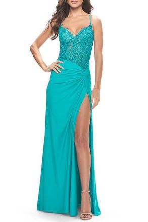 La Femme Lace Asymmetrical Gown with Jersey Skirt and Twist Knot Detail in Neon in Aqua at Nordstrom, Size 8