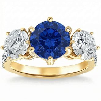 Pompeii3 Certified 6 3/4Ct Blue Sapphire Diamond Ring Three Stone Gold Lab Grown