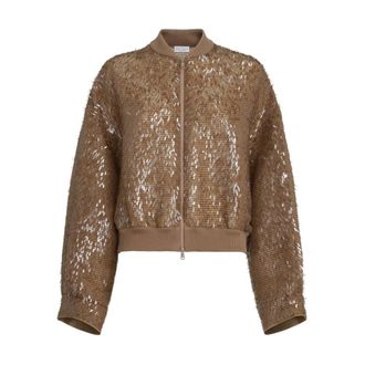 Brunello Cucinelli Dazzling Cascade Embroidery Bomber Jacket - female - Brunello Cucinelli - Bomber Jackets - Brown - XL - Jackets
