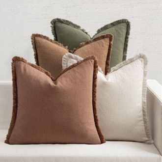 OEM Funda De Coj&iacute;n - Lino Ramio 80 Algod&oacute;n 20 - Borde Con Flecos - Estilo Bohemio R&uacute;stico - Para Sof&aacute; Cama Sal&oacute;n - 45 X 45 Cm - Pack De 4