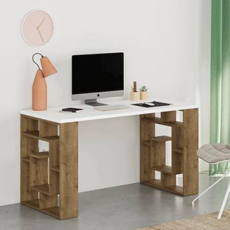 Dmora Escritorio Archidamia, Tapa Madera Noble, Color Blanco, Estructura Marr&oacute;n, 140x60x75h Cm Blanco